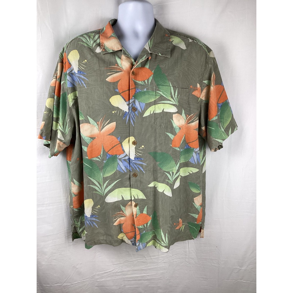 Tommy Bahama Shirt Mens XL Green Floral Silk Short Sleeve Original Fit Tropical